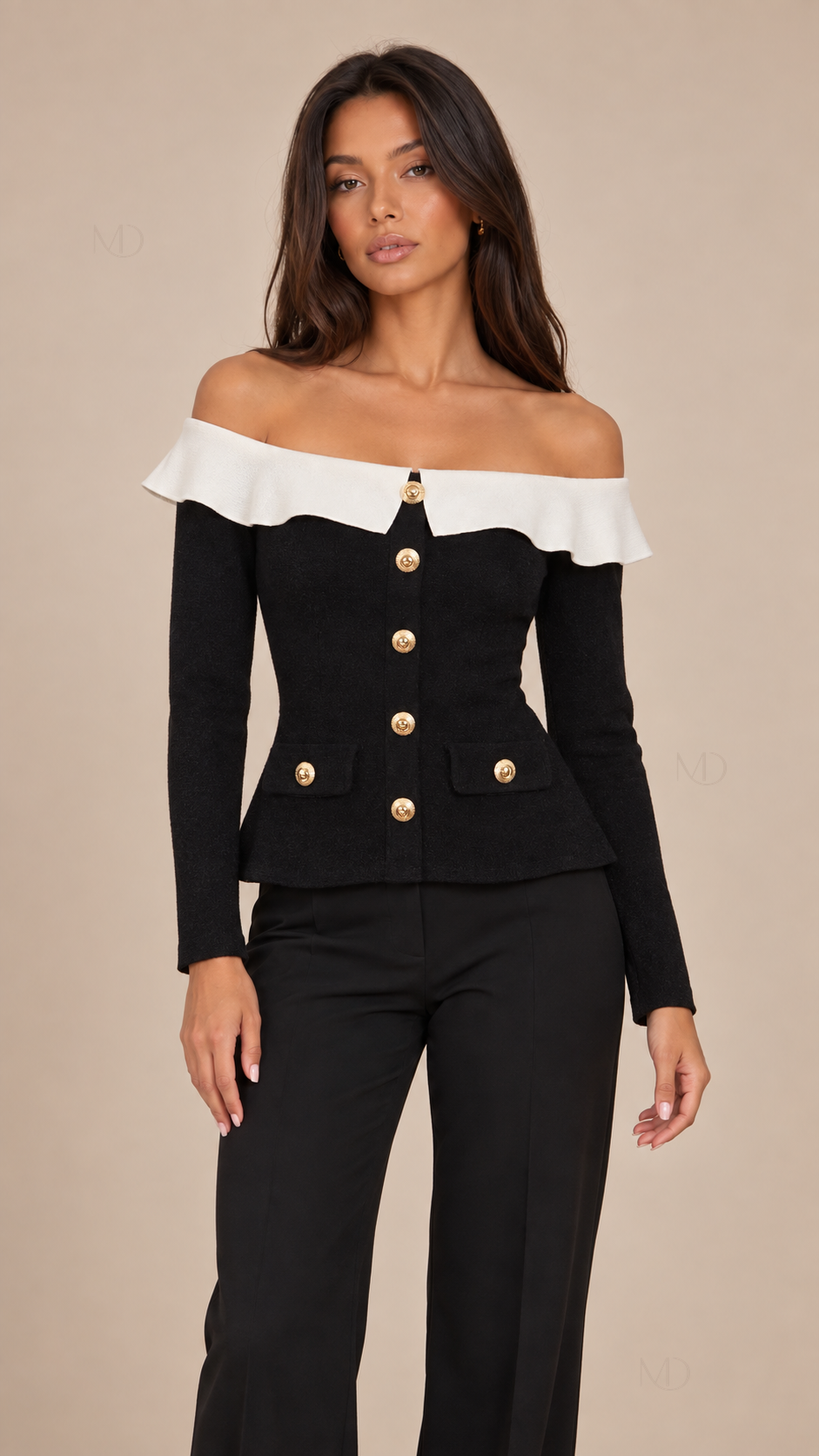 Colette Ruffle Off-Shoulder Top — Black model front