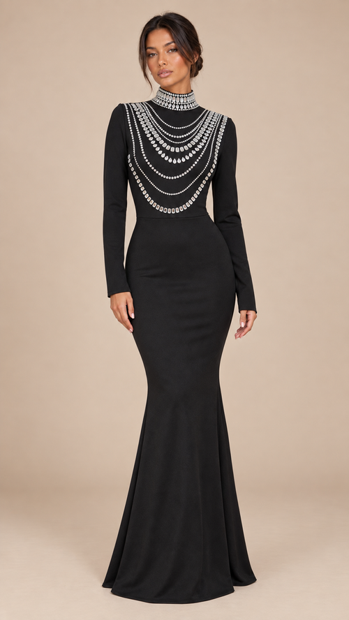Thalia Crystal Collar Maxi — Black model front