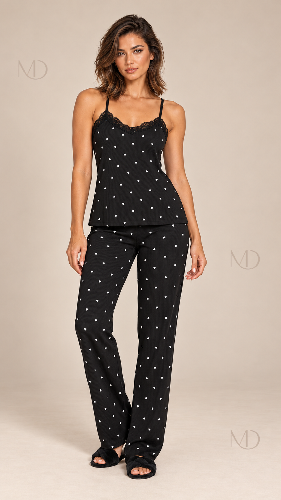 Fiammetta Heart-Dot Cami Pajamas — Black model front