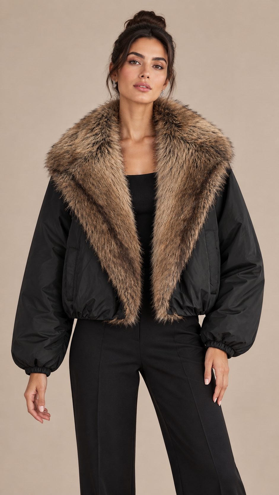 Nova Fur Collar Bomber — Black model front