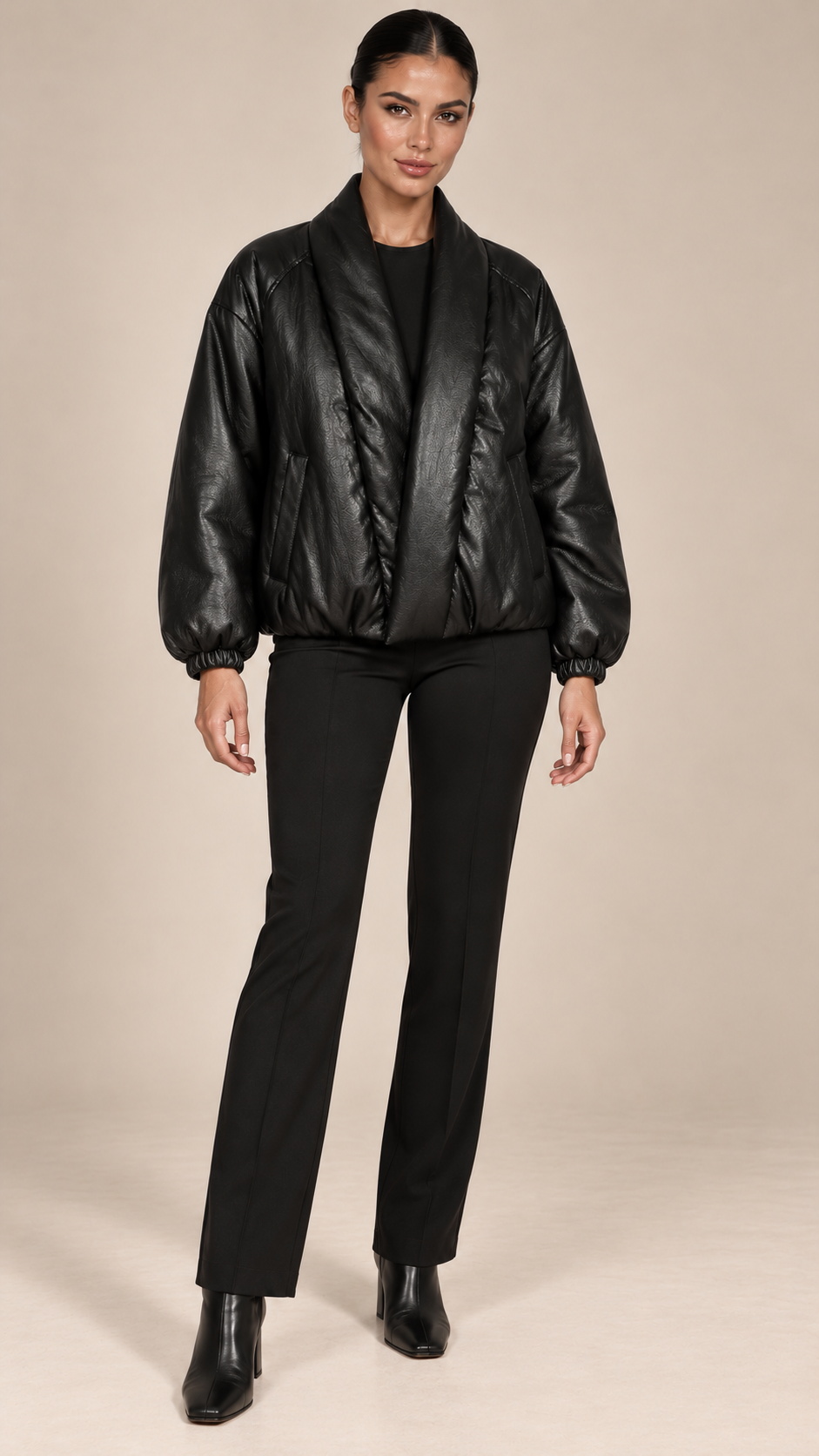 Leonora Drape-Collar Bomber — Black model front