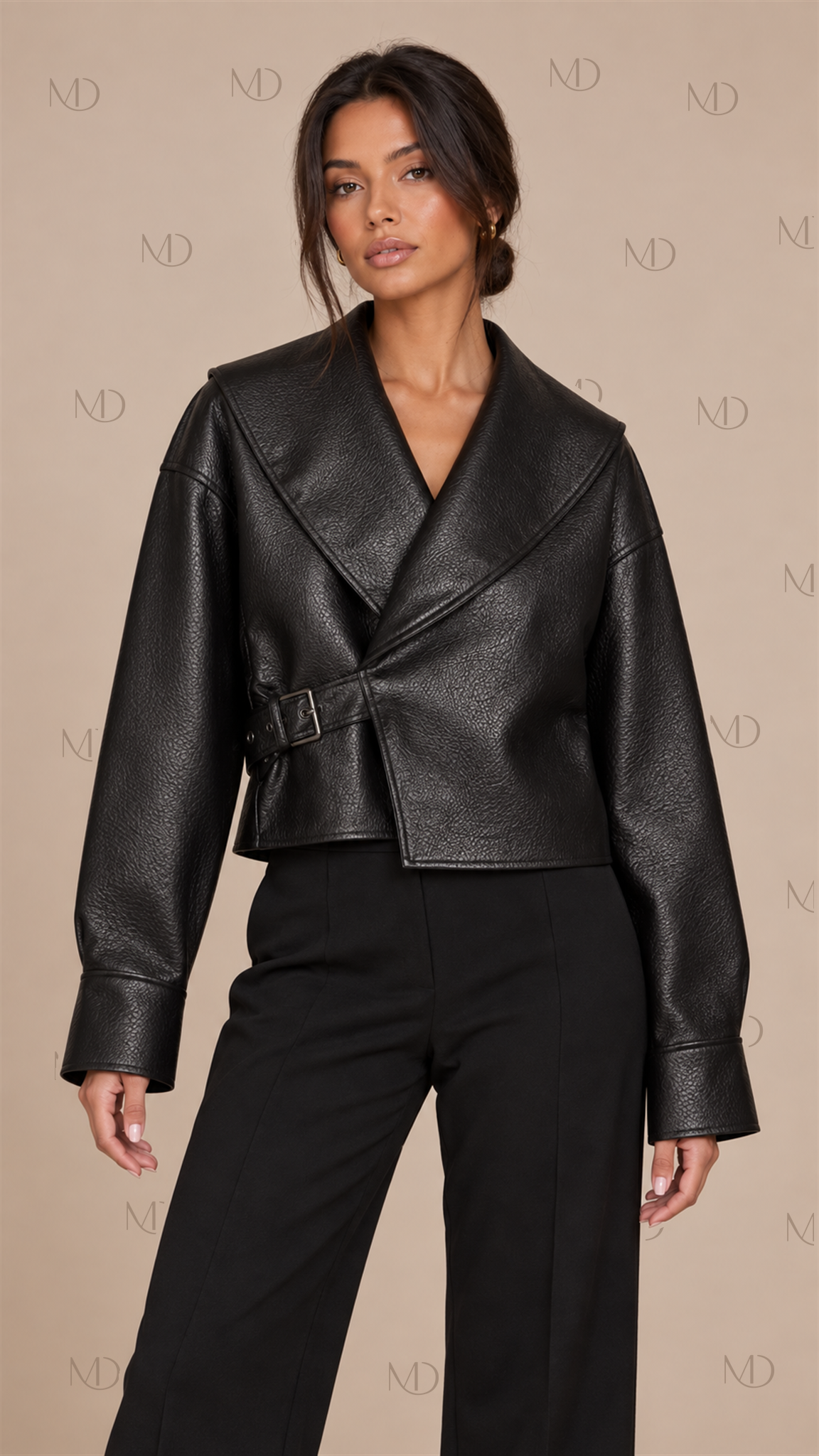 Raven Buckle Wrap Leather Jacket — Black model front