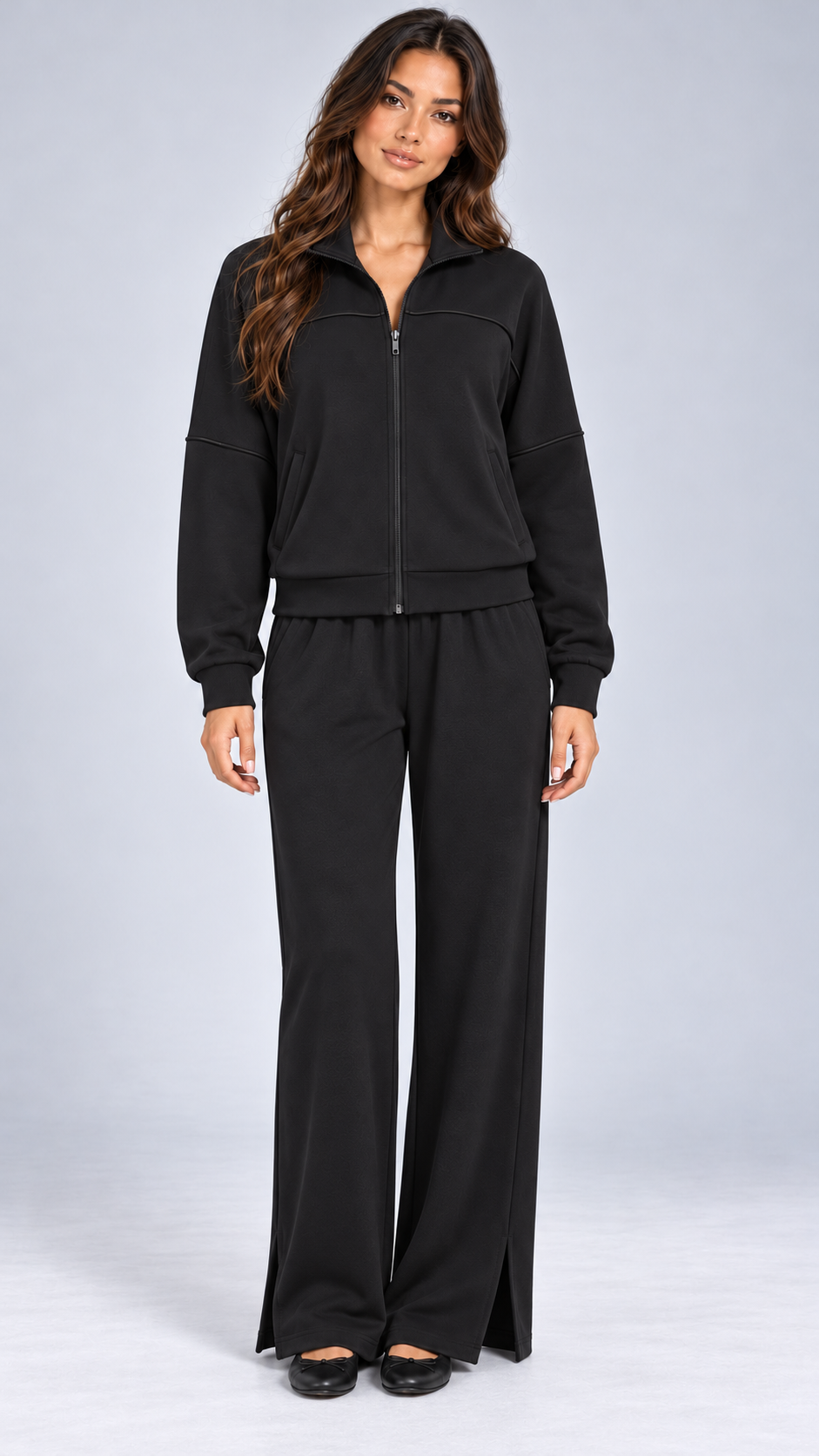 Henna Split-Hem Lounge Set — Black model front