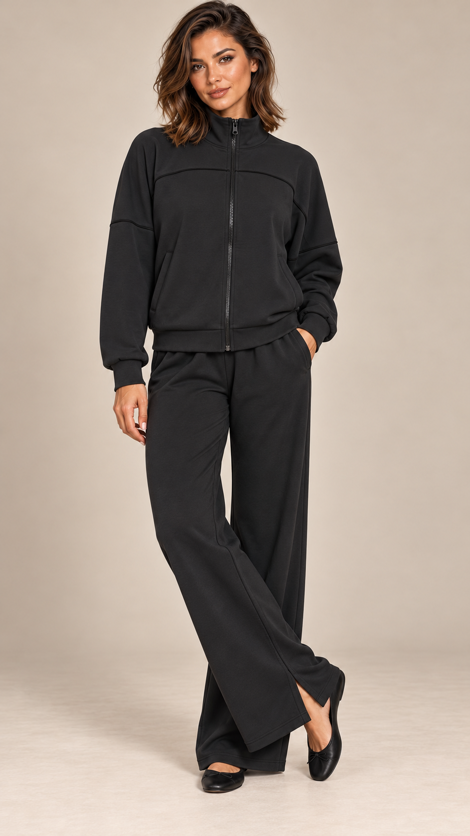 Saoirse Split-Hem Track Set — Black model front