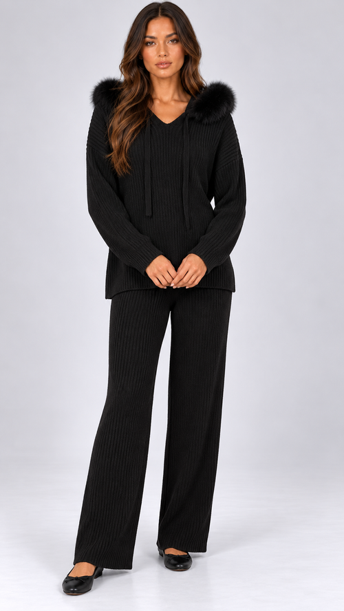 Wilma Fox-Hood Knit Set — Black model front