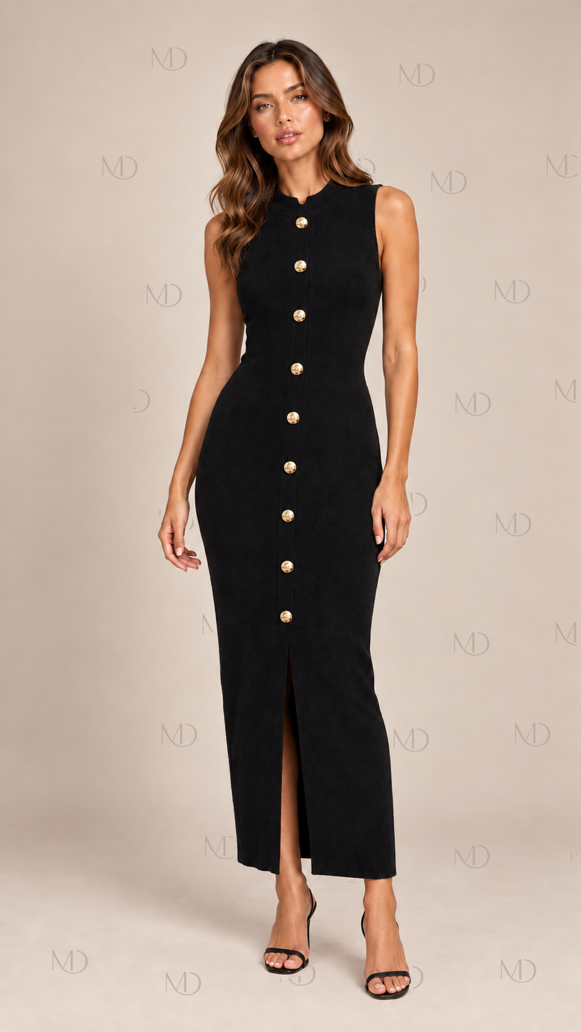 Celine Buttoned Knit Maxi Dress — Black model front