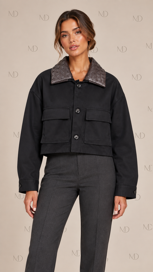 Wren Woven Collar Utility Jacket — Black model front
