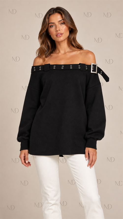 Nova Buckle Off-Shoulder Sweatshirt — Black model front