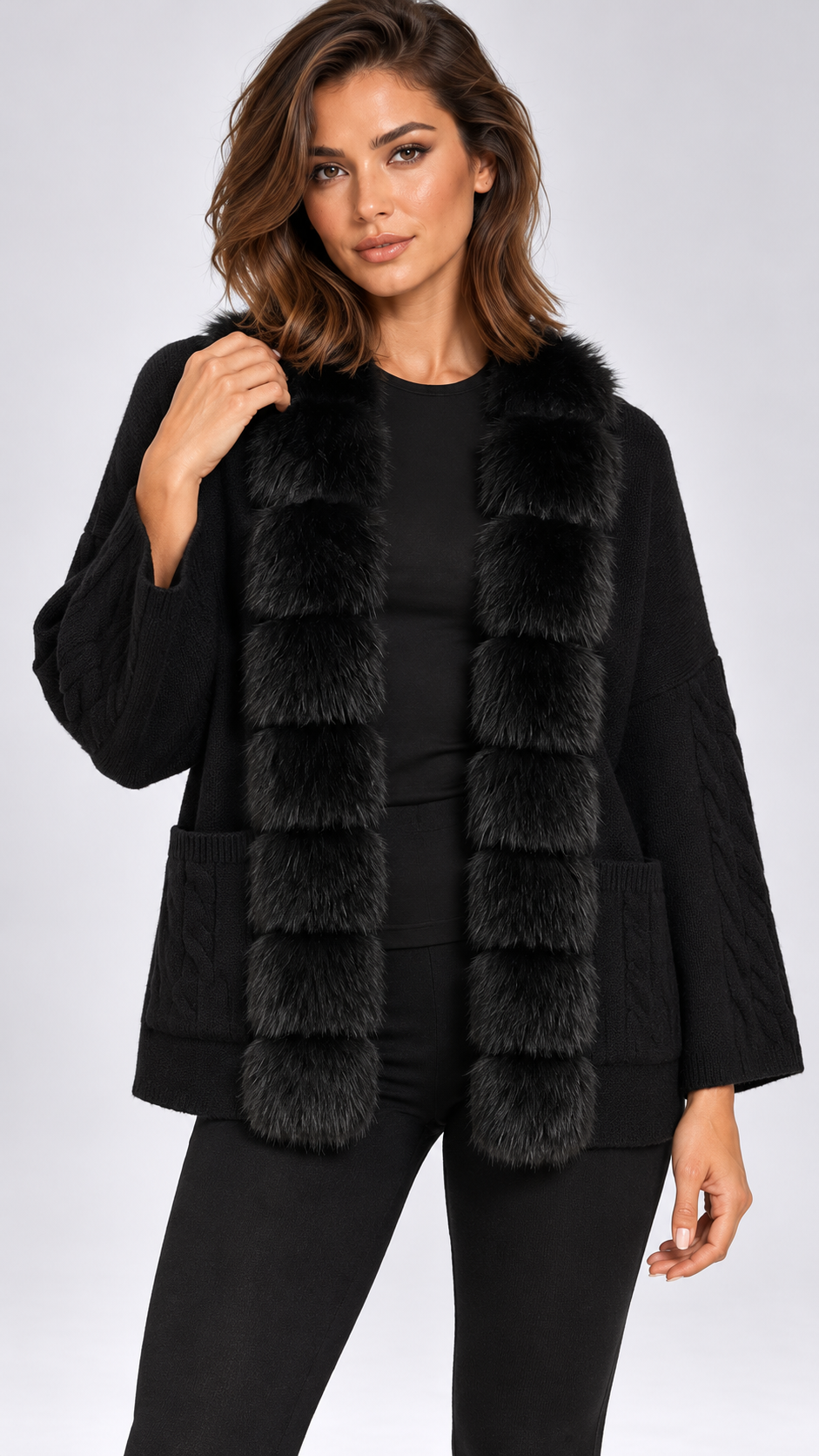 Maribelle Plush-Front Cardigan — Black model front