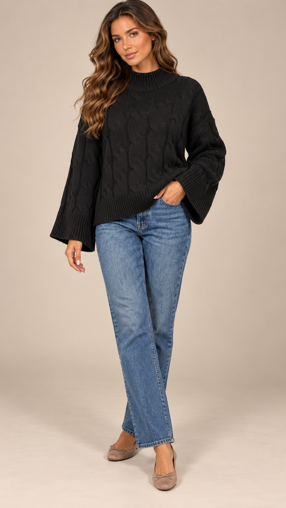 Bettina Cable Sweater — Black model front