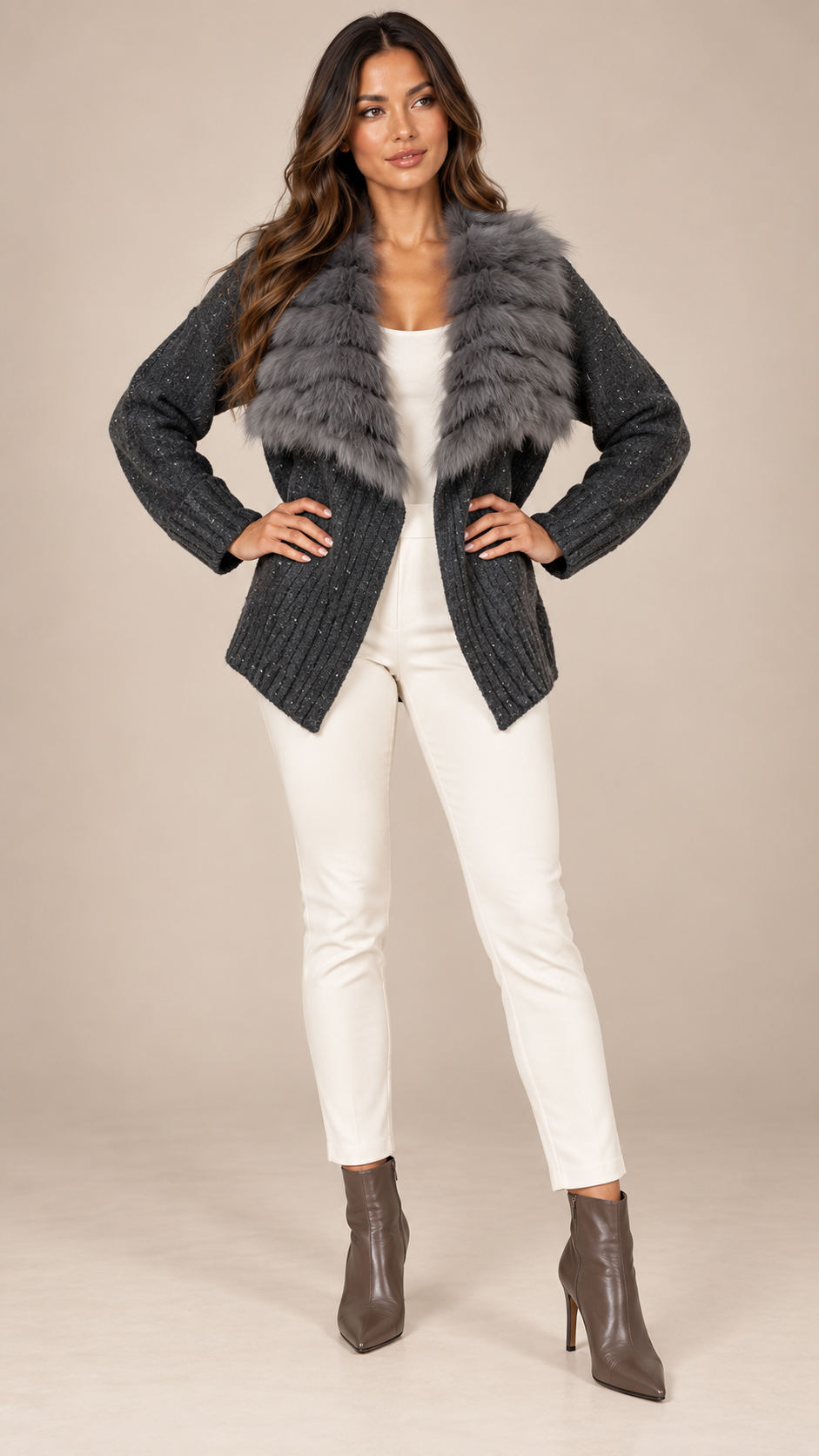 Delia Fur-Trim Cardigan — Black model front
