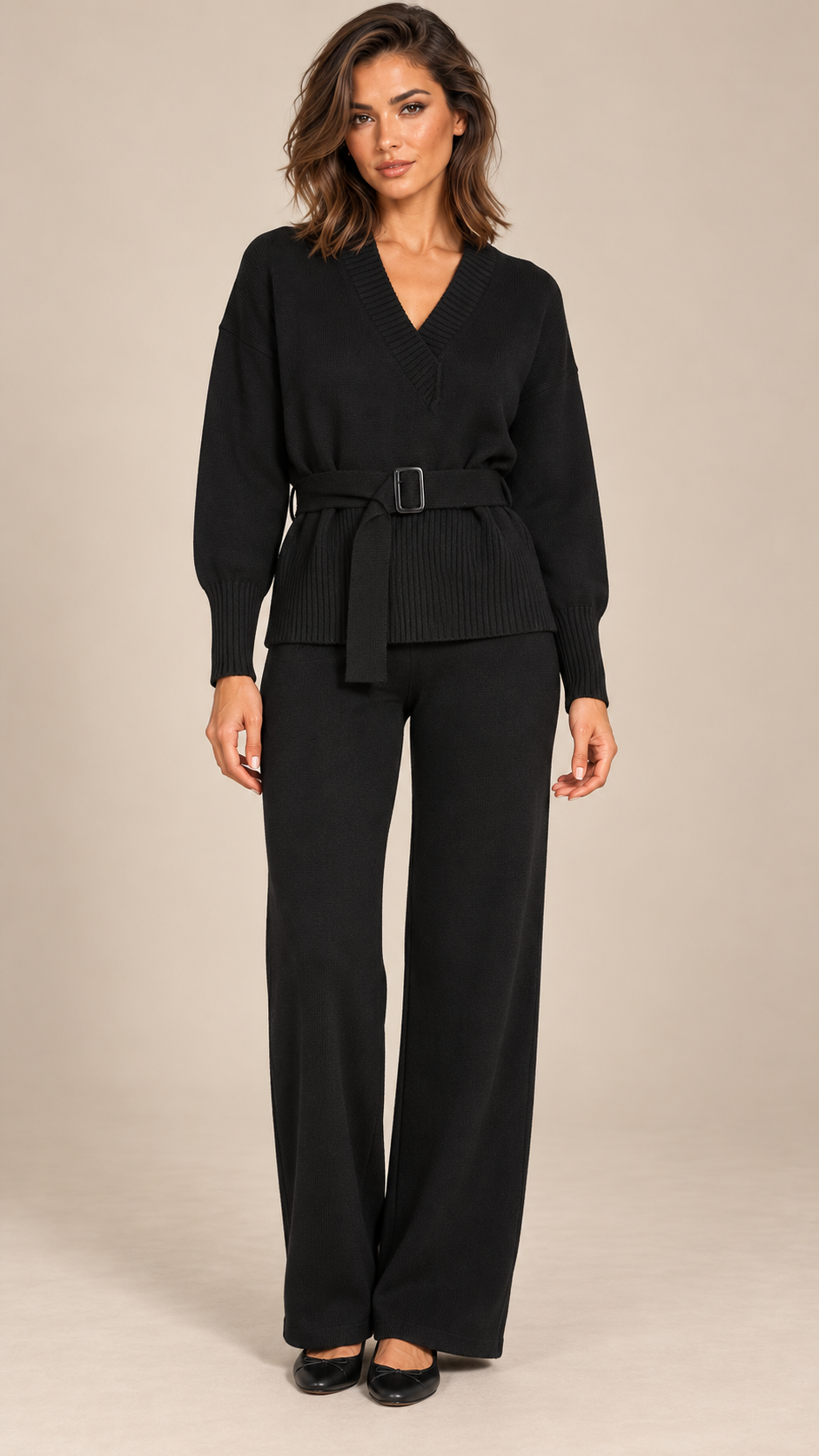Augusta Wide-Leg Knit Set — Black model front