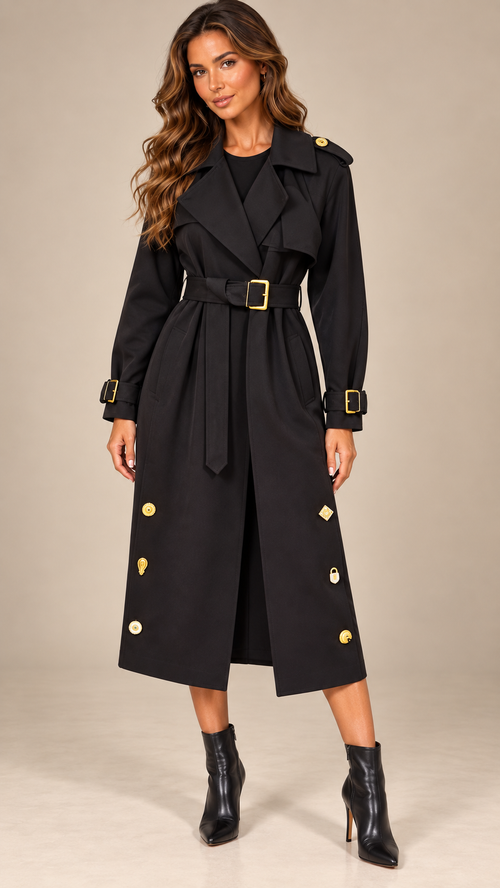 Tilda Gilt-Button Trench — Black model front