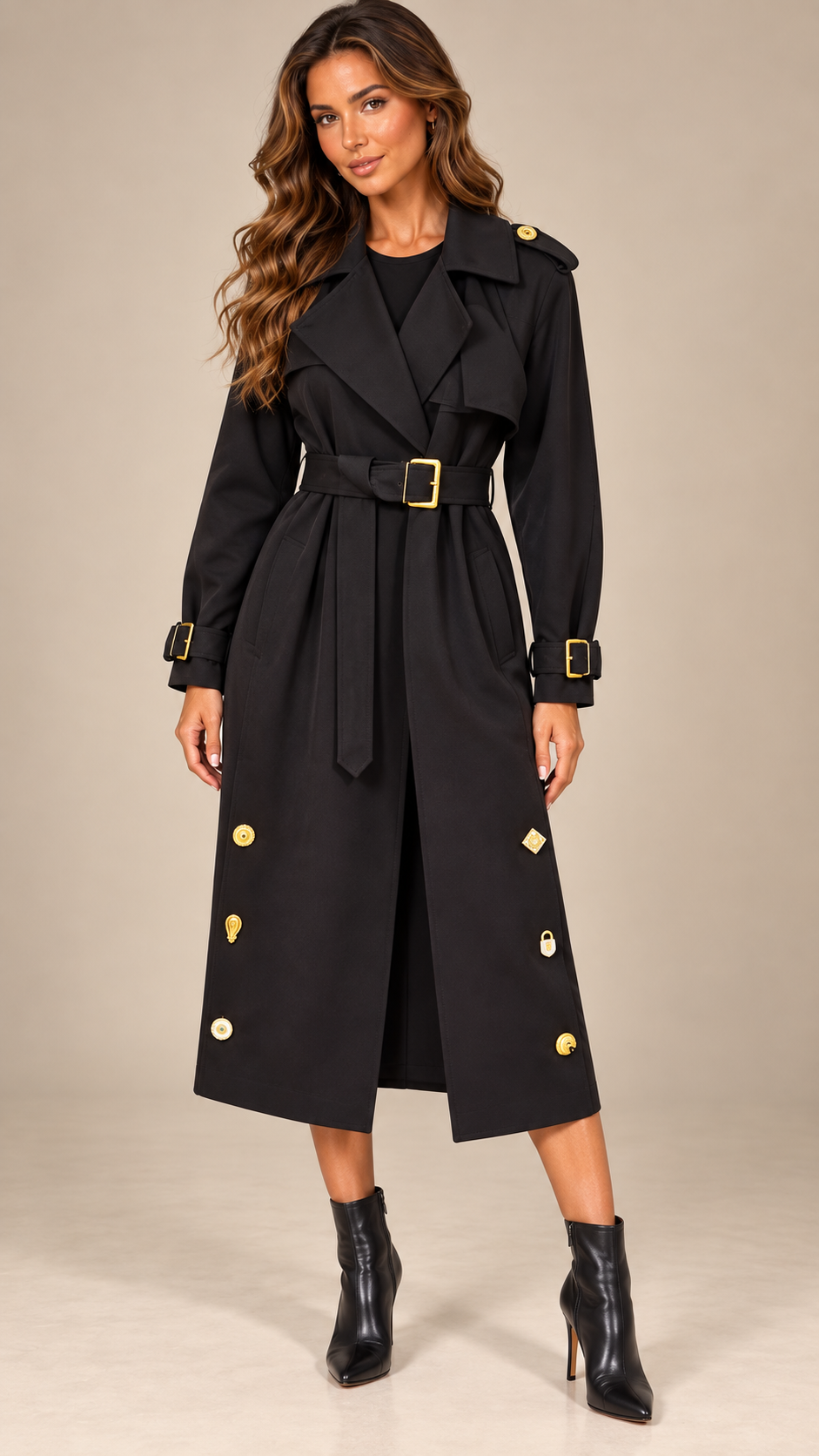 Tilda Gilt-Button Trench — Black model front