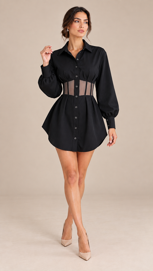 Rowan Corset Shirt Dress — Black model front