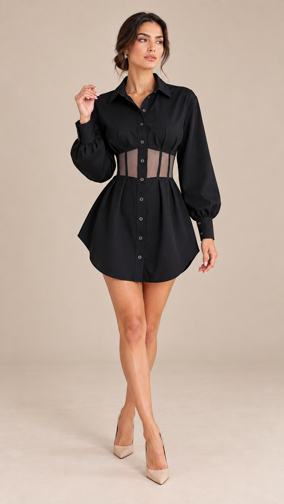 Rowan Corset Shirt Dress — Black model front