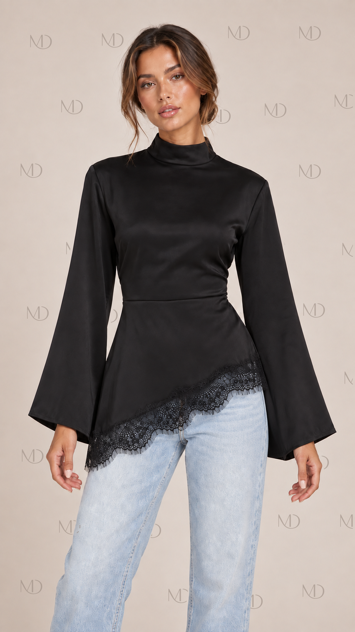 Noir Lace-Trim Corset Top — Black model front