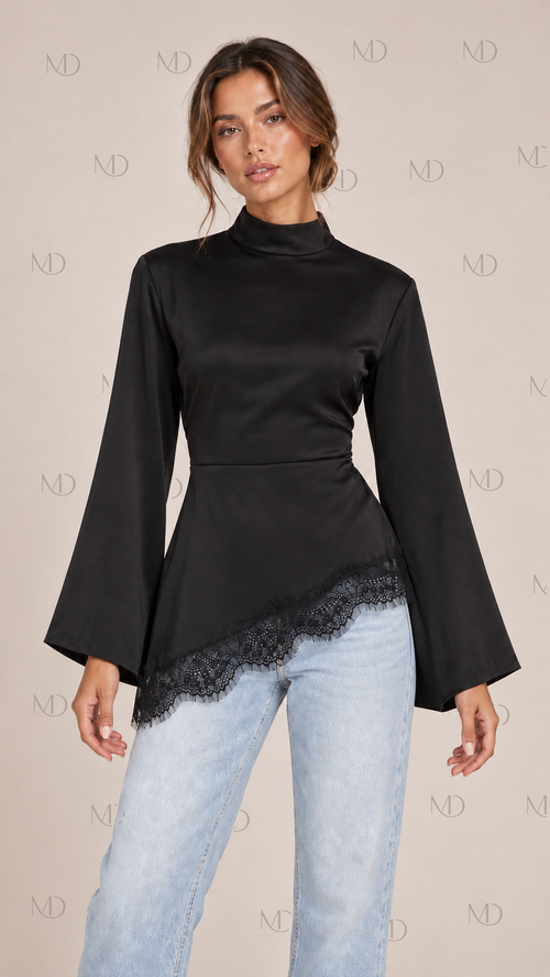 Noir Lace-Trim Corset Top — Black model front