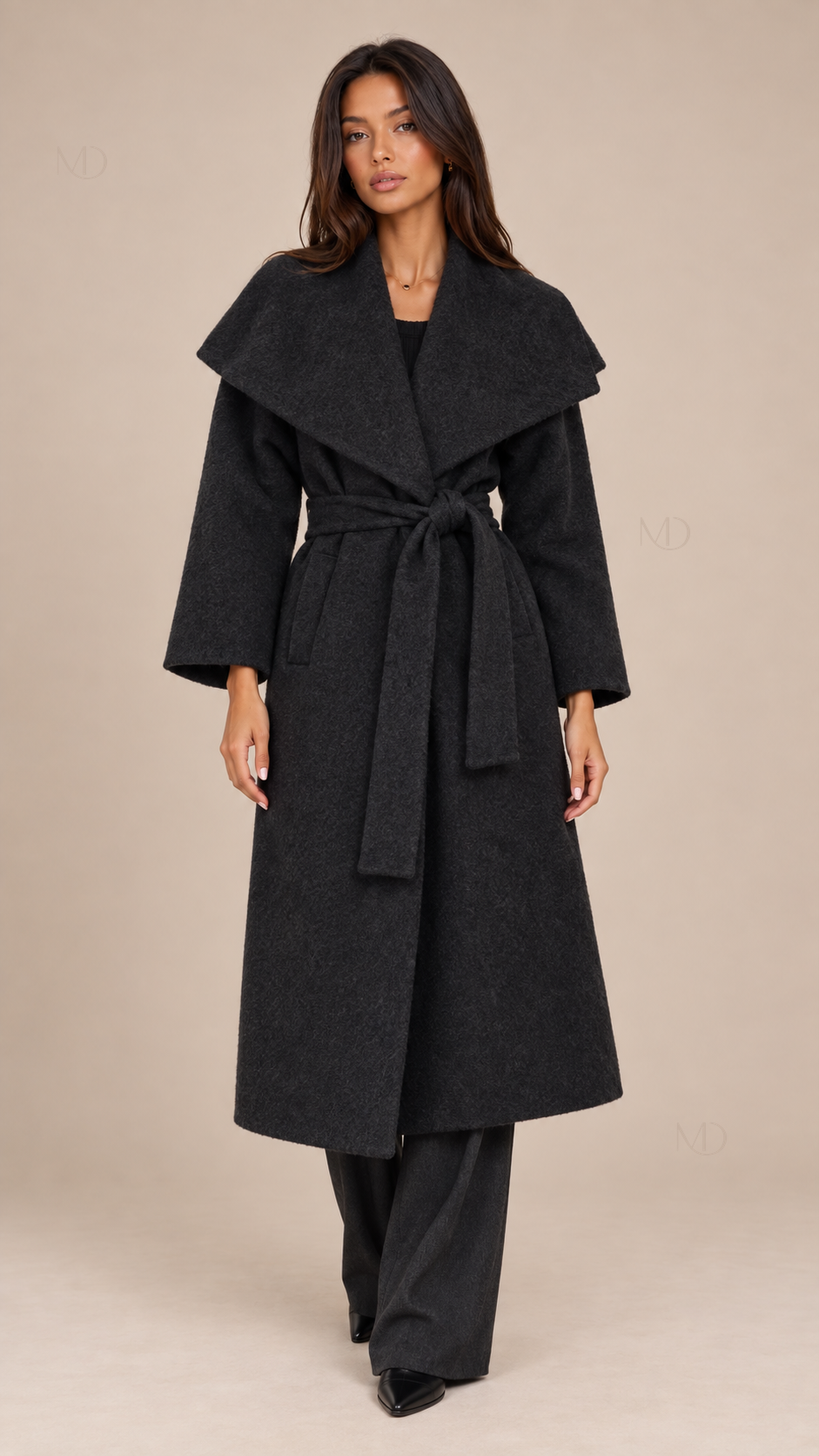 Odette Oversized Collar Wool Coat — Black model front