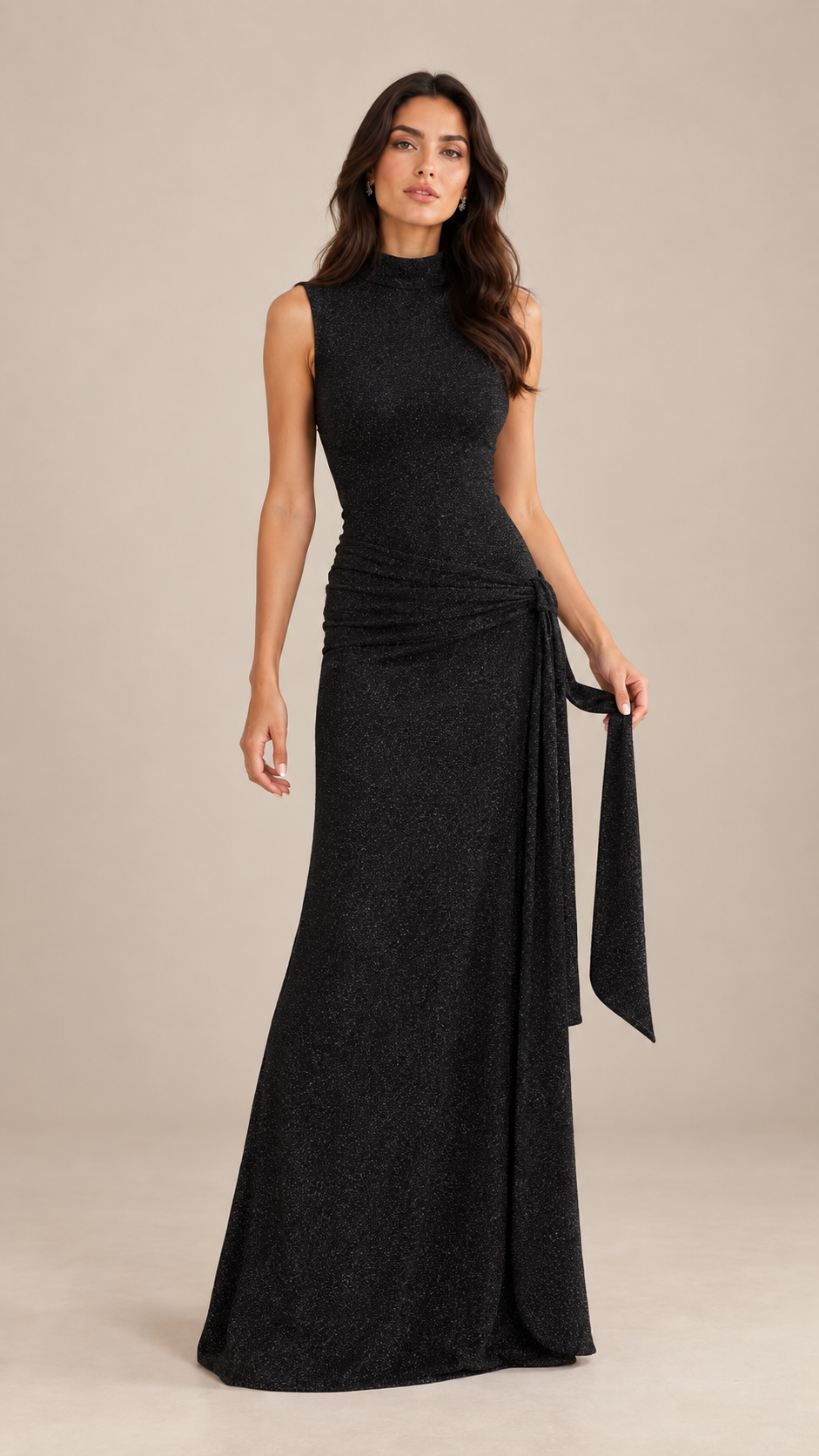 Noemi Ruched Sash Maxi — Black model front