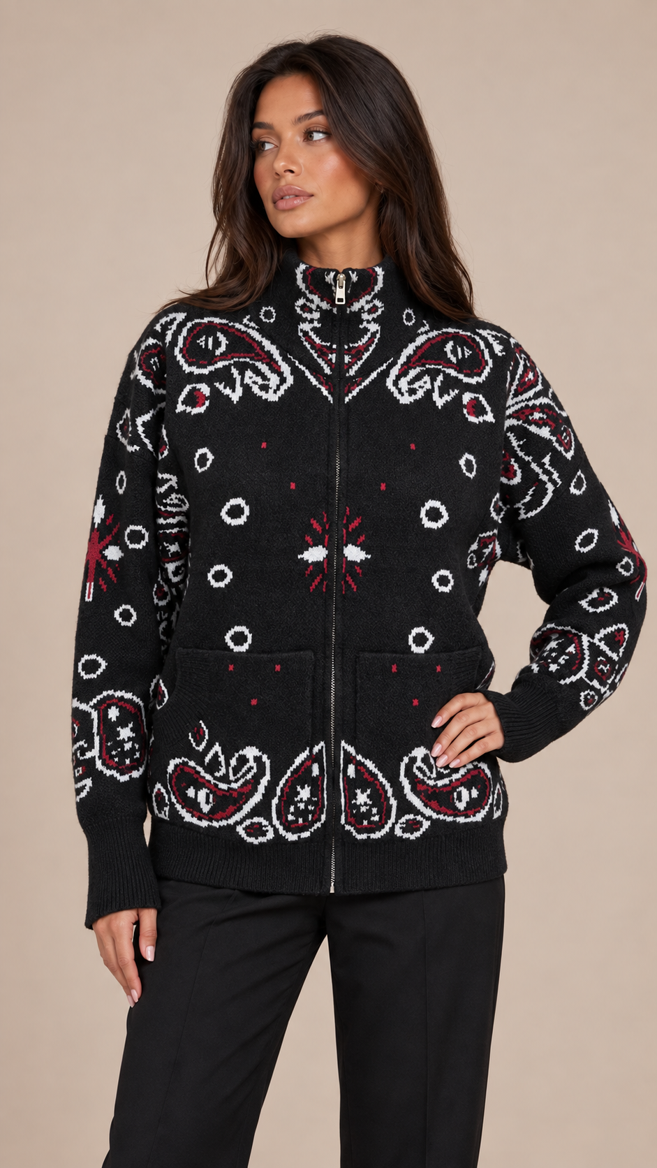 Sienna Paisley Zip Cardigan — Black model front