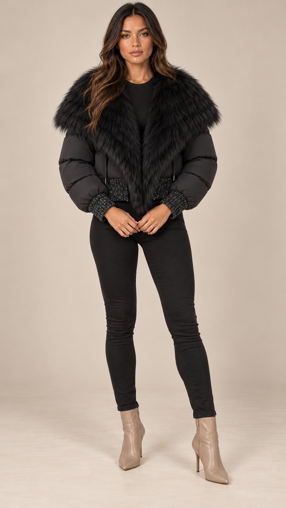 Svetlana Fox-Collar Puffer — Black model front