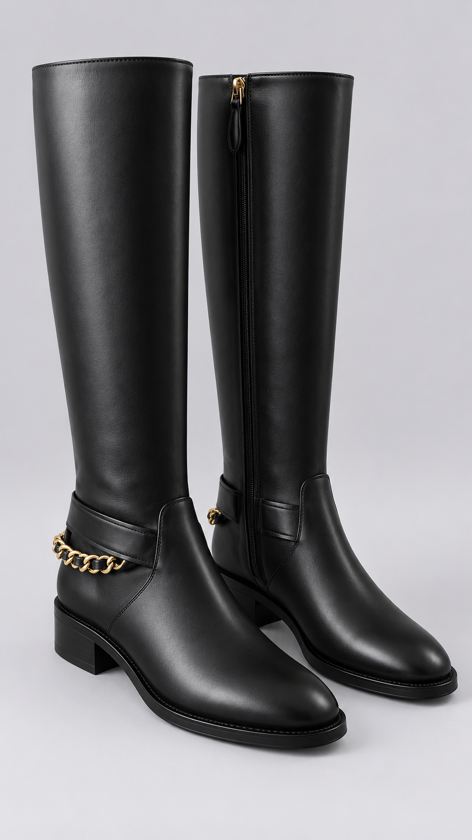 Sabrina Chain-Strap Riding Boots — Black product only