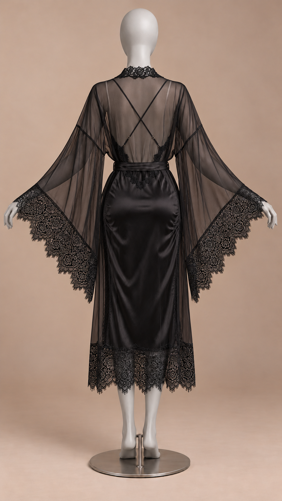 Rosaleen Bell-Sleeve Robe Set — Black Robe Set mannequin back