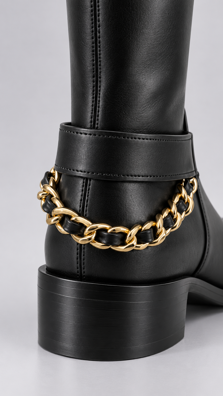Sabrina Chain-Strap Riding Boots — Black shoe detail