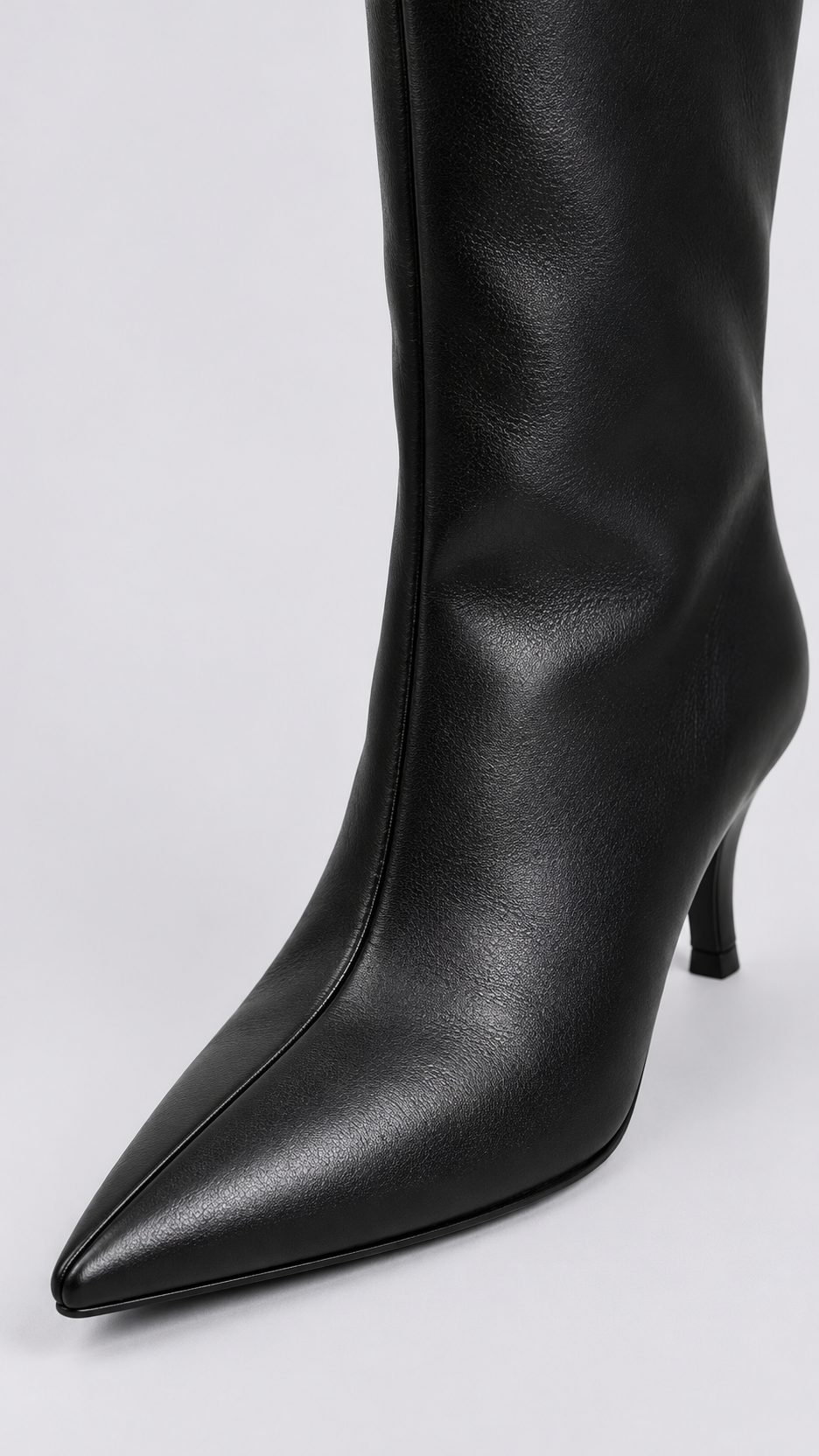 Maribeth Stiletto-Point Knee Boot — Black shoe detail