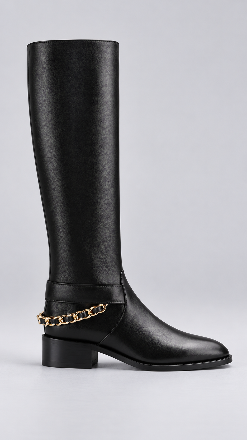 Sabrina Chain-Strap Riding Boots — Black shoe side