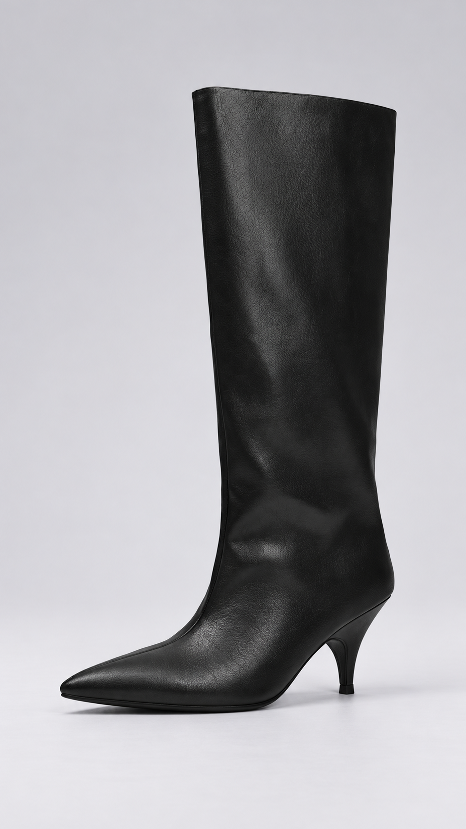 Maribeth Stiletto-Point Knee Boot — Black shoe side
