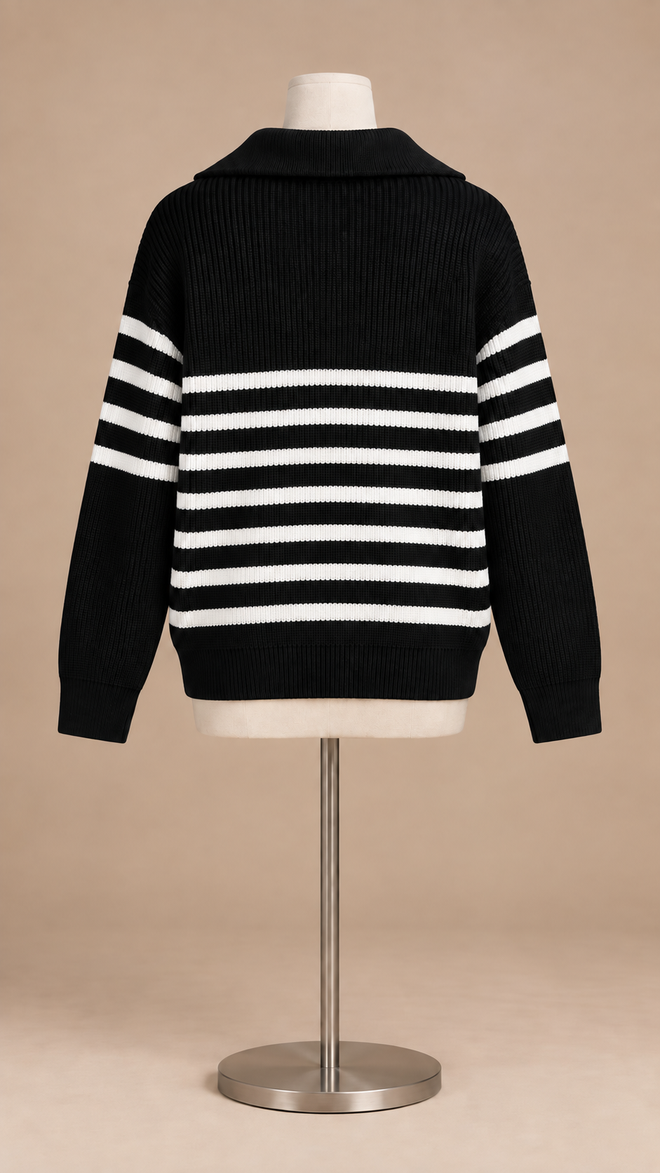 Isadora Half-Zip Sweater — Black stripes mannequin back