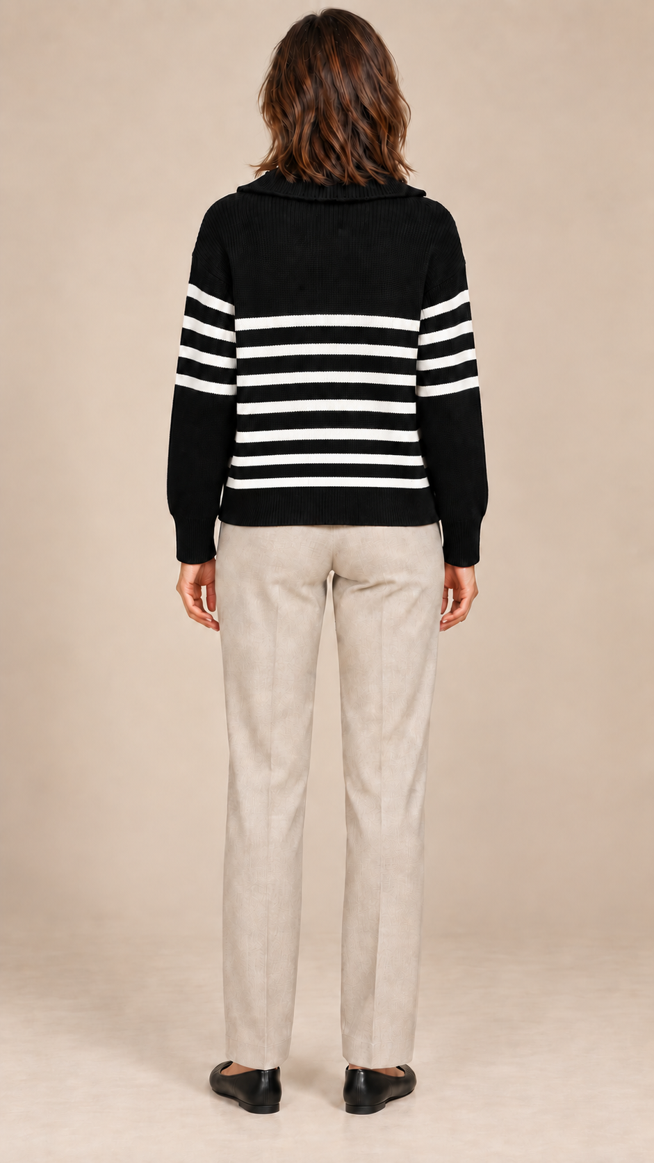 Isadora Half-Zip Sweater — Black stripes model back
