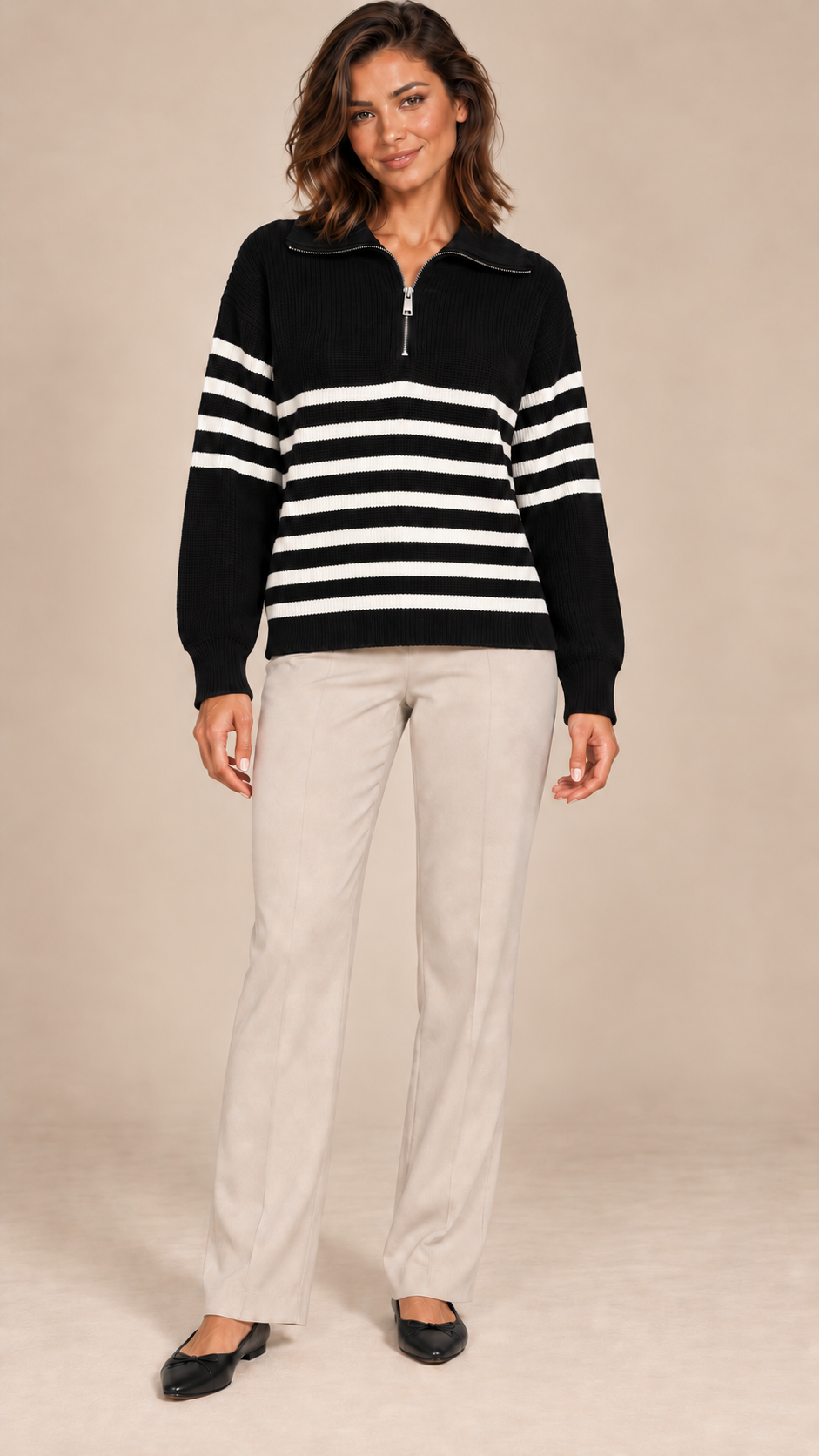 Isadora Half-Zip Sweater — Black stripes model front