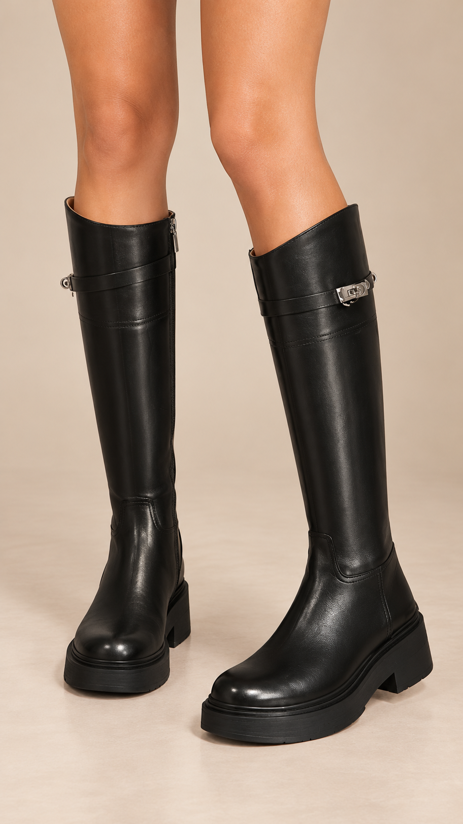 Bettany Contrast-Cuff Boot — Black worn closeup