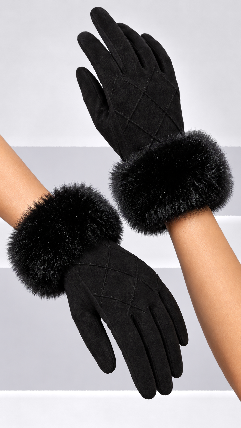 Eulalie Diamond-Quilt Gloves — Black worn closeup