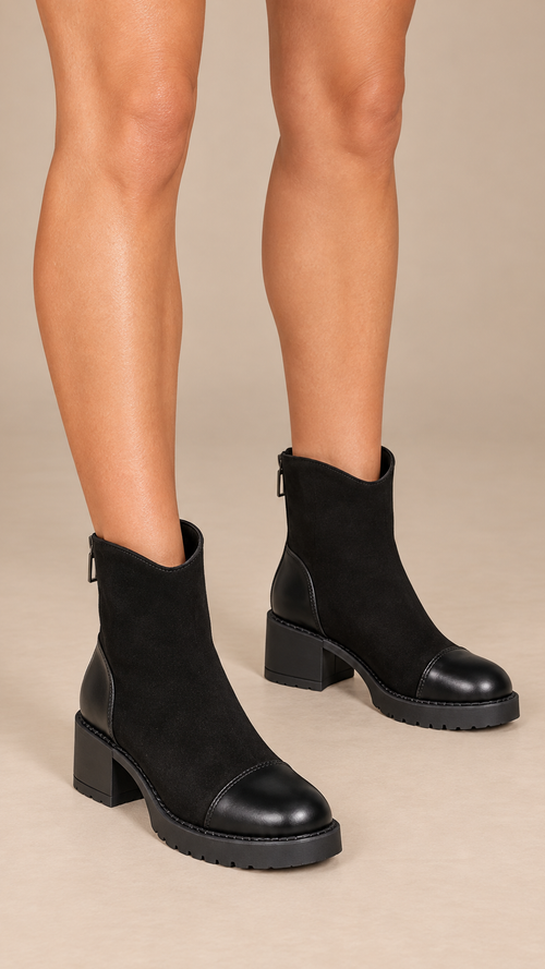 Vesna Block-Heel Boots — Black worn closeup