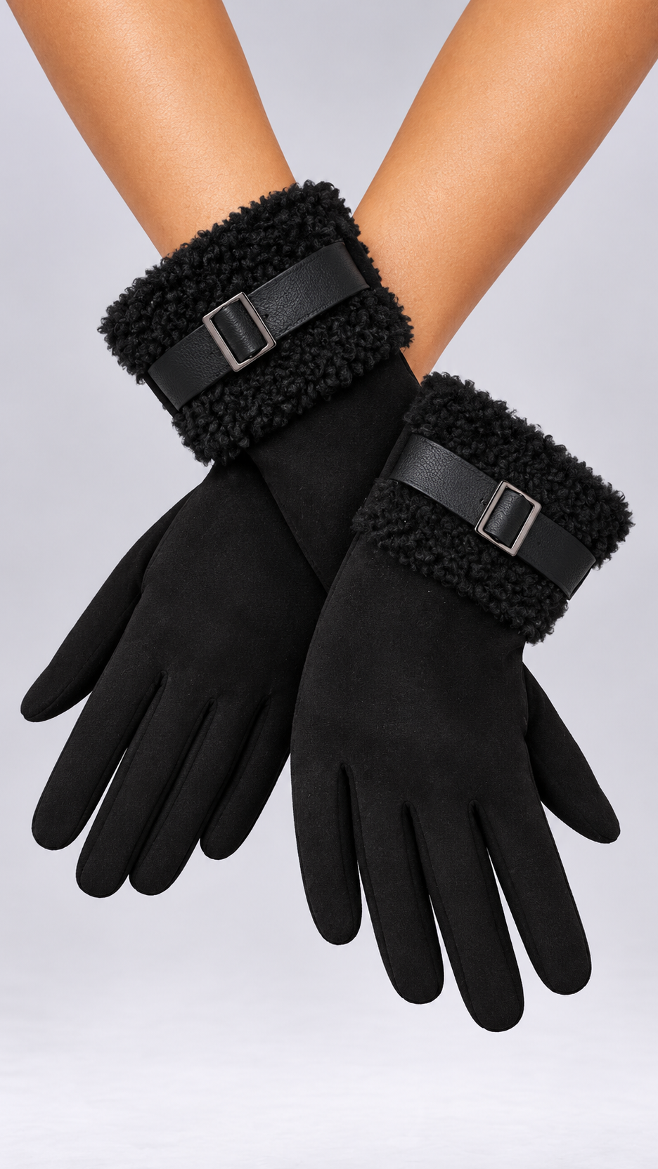 Annelise Shearling-Cuff Gloves — Black worn closeup
