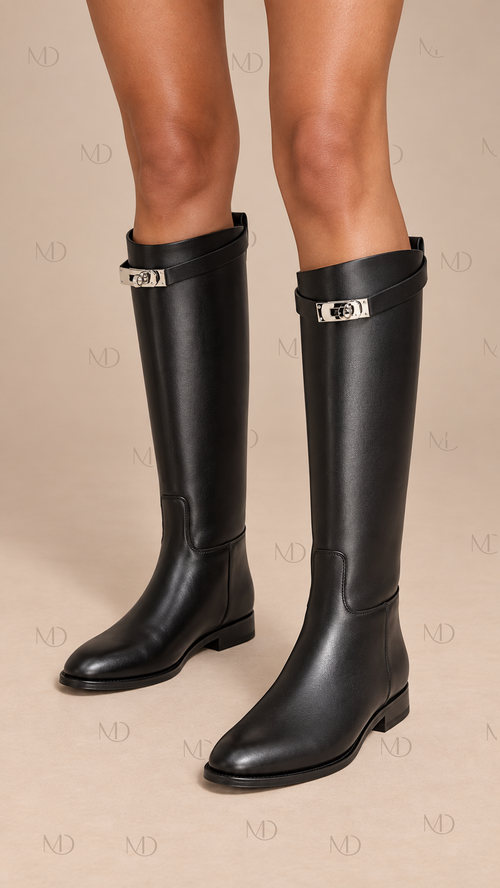 Harlow Buckle Riding Boots — Black worn closeup