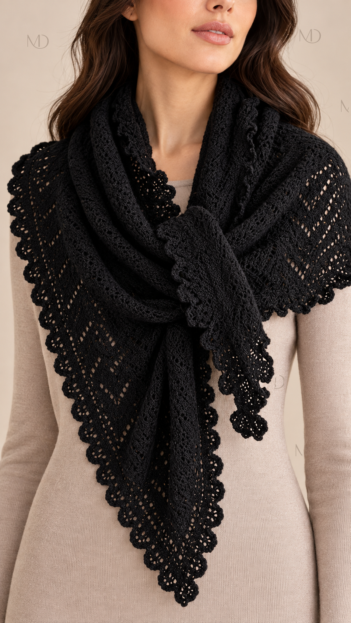 Elowen Pointelle Triangle Scarf — Black worn closeup