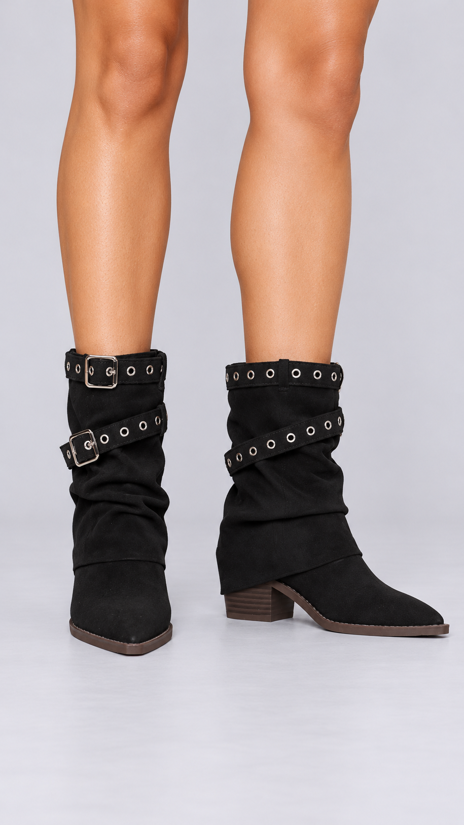 Annalena Grommet Slouch Boots — Black worn closeup