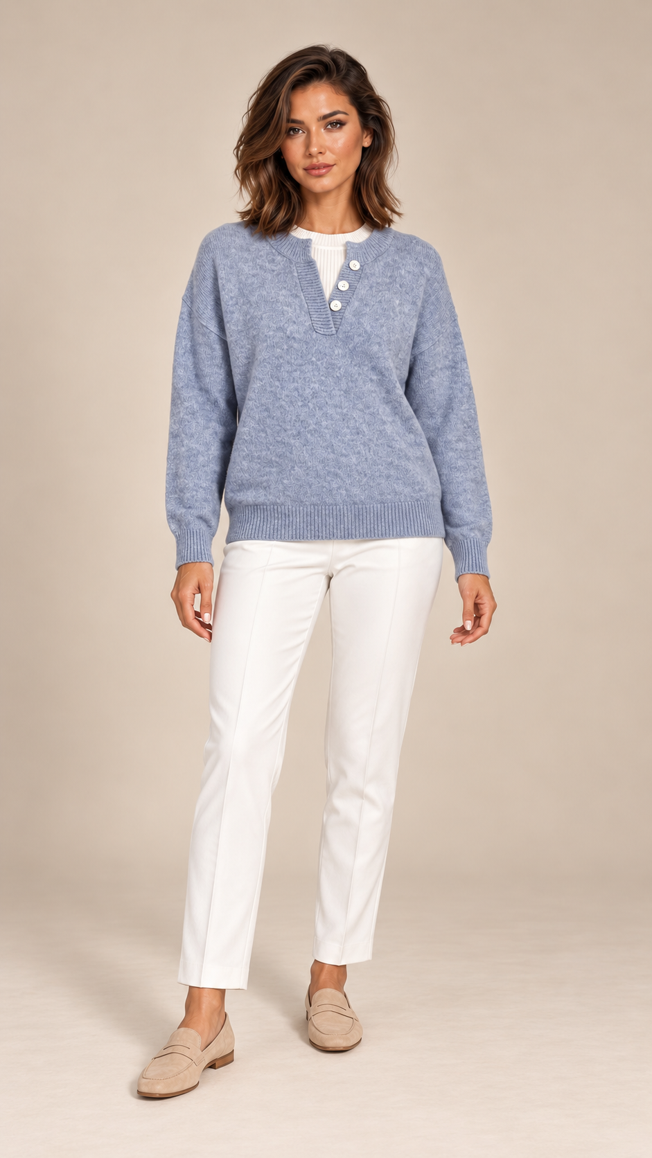 Marcelle Henley Sweater — Blue Gray model front