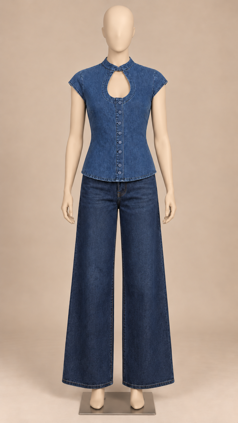 Viola Keyhole Denim Top — Blue mannequin front