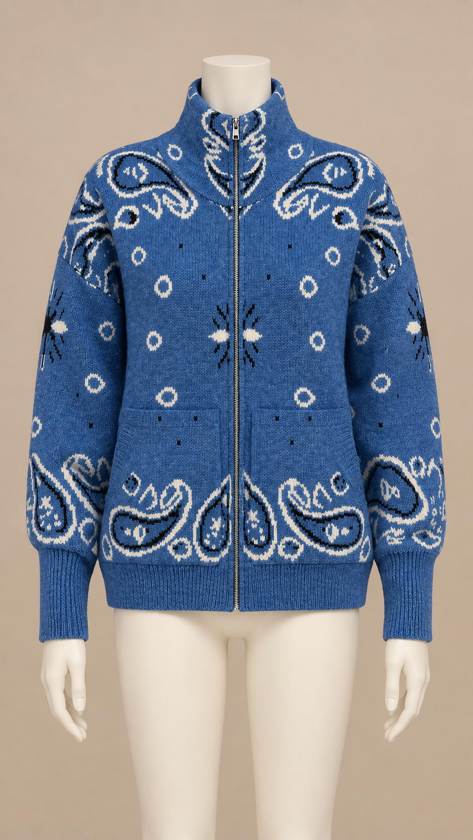 Sienna Paisley Zip Cardigan — Blue mannequin front