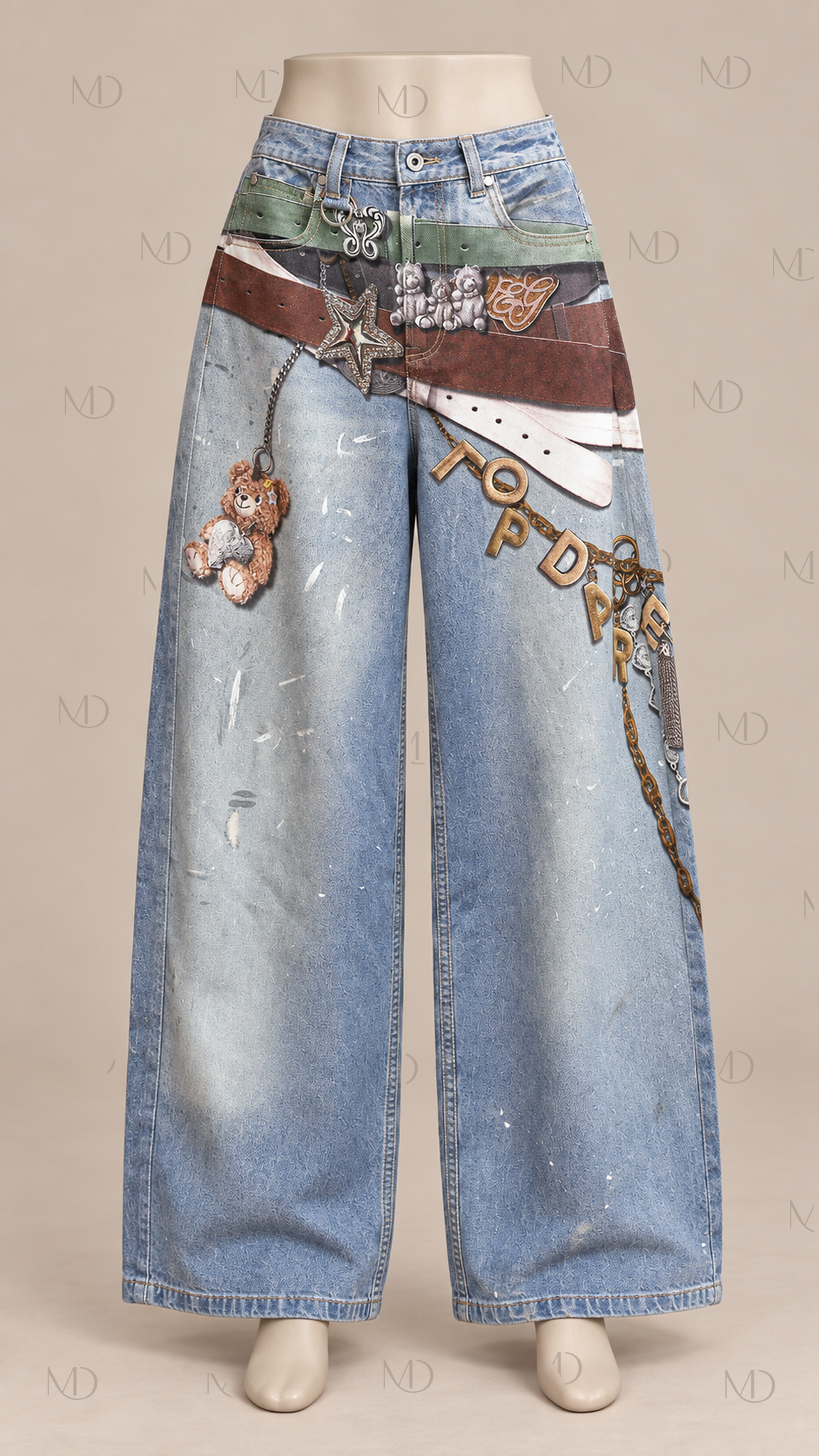 Teddy Print Wide-Leg Jeans — Blue mannequin front