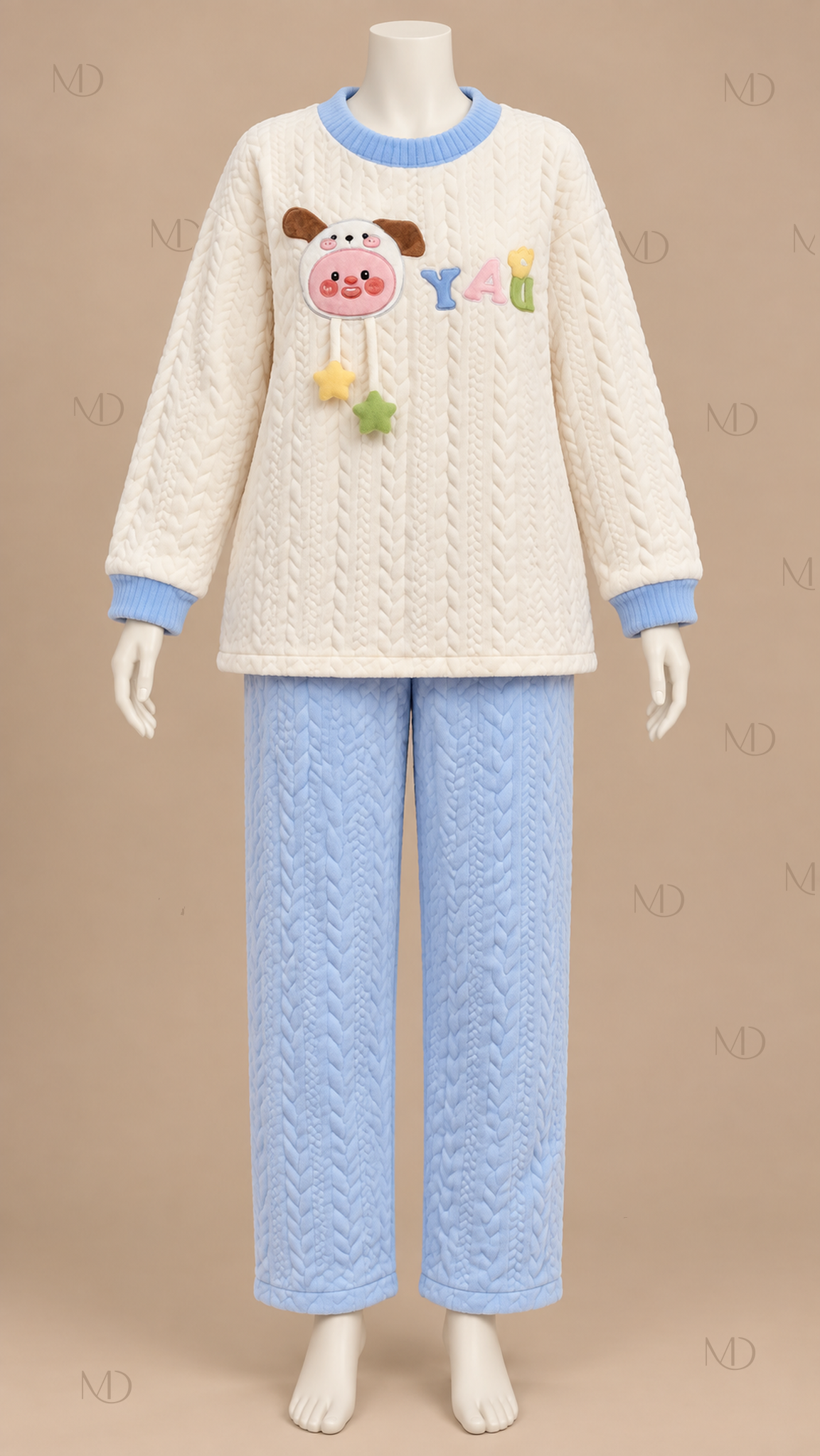 Cocoa Padded Cartoon Pajama Set — Blue mannequin front