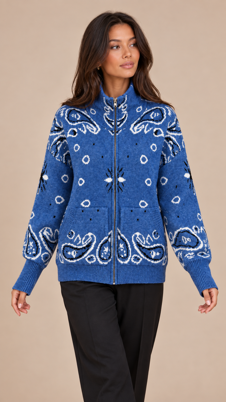 Sienna Paisley Zip Cardigan — Blue model front