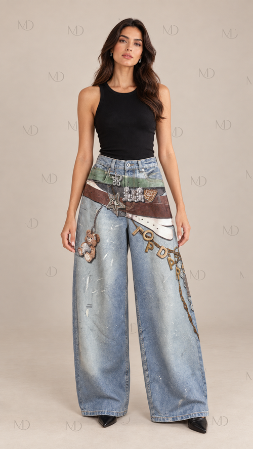 Teddy Print Wide-Leg Jeans — Blue model front