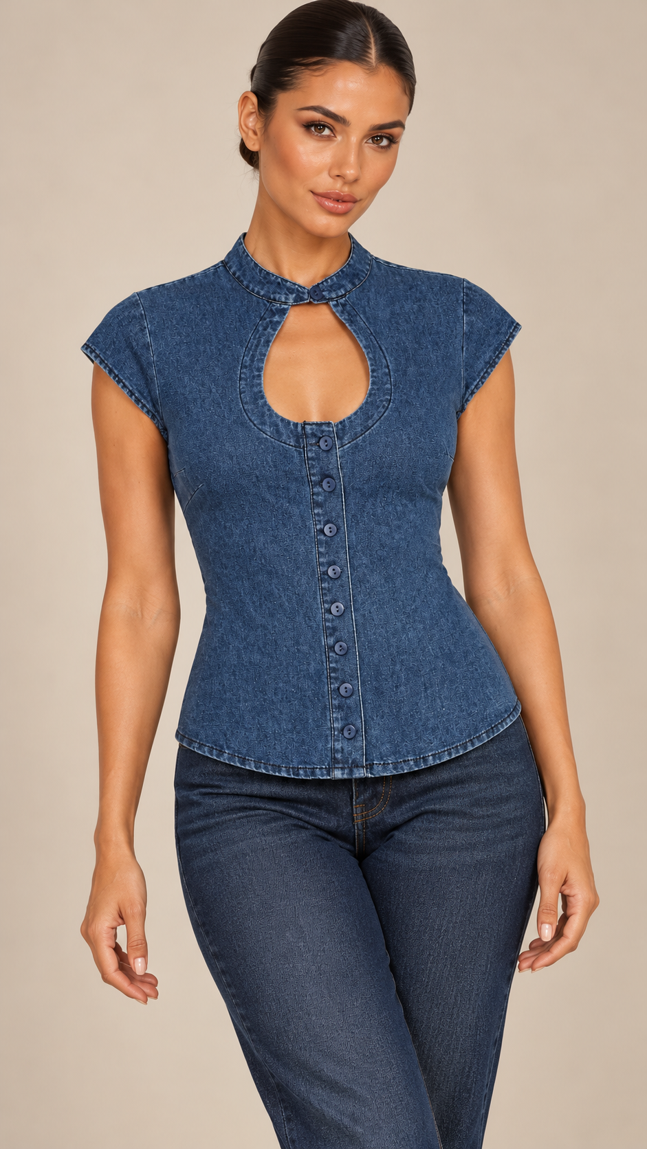 Viola Keyhole Denim Top — Blue model front
